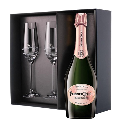 Perrier Jouet Rose Champagne 75cl And Flutes In Pine Wooden Gift Box